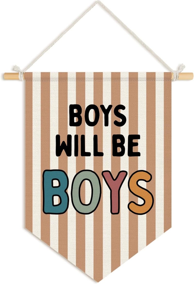 Wheatwin Boy Room Decor, Boys Will Be Boys Wall Hanging Pennant Flag Banner, Neutral Striped Kids Wall Decor for Nursery Toddler Room Bedroom Playroom 15x11 Inch - Image 1